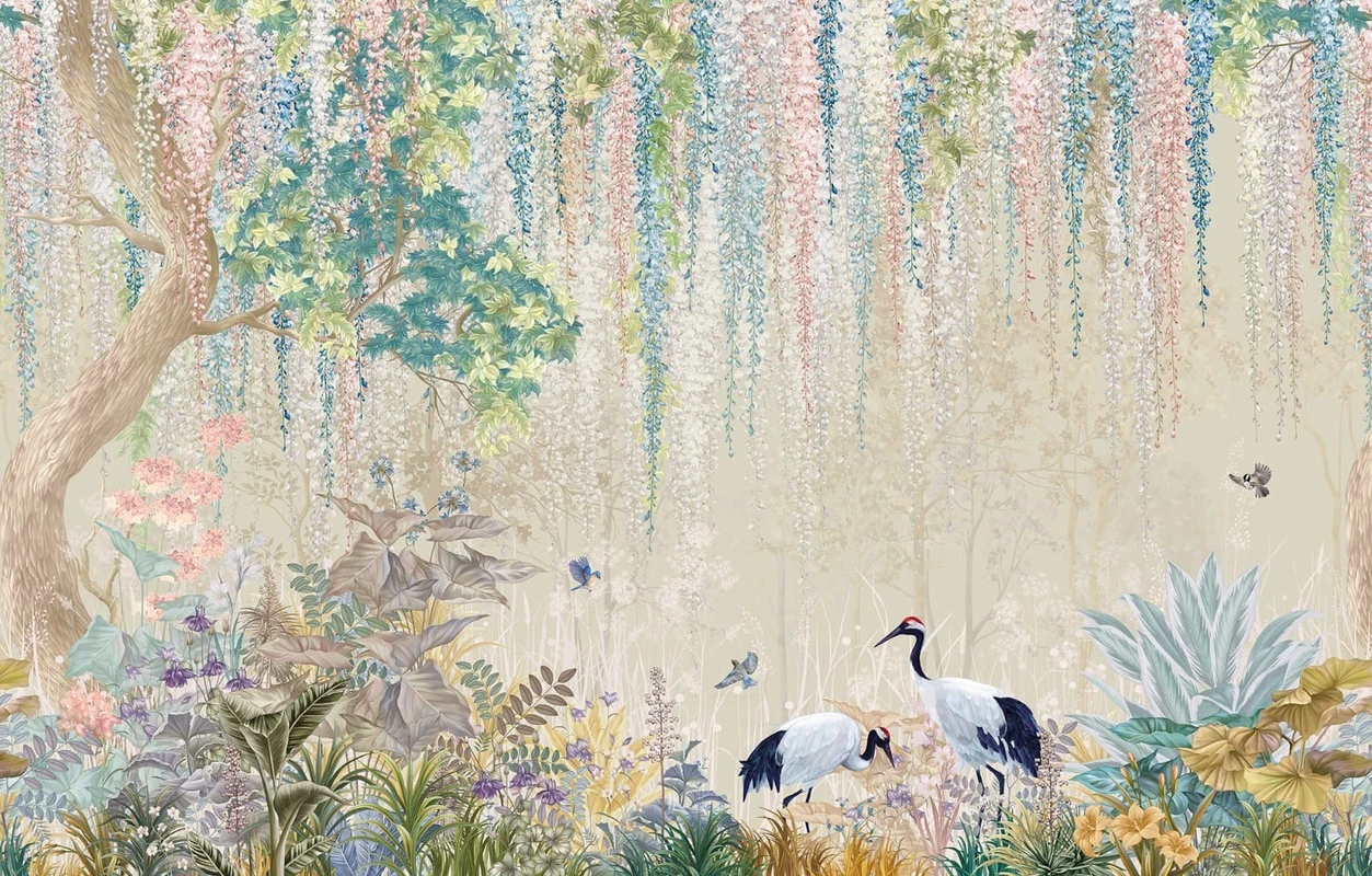 Фотообои и фрески на стену - в детскую комнату, в загородный дом, журавли, сад