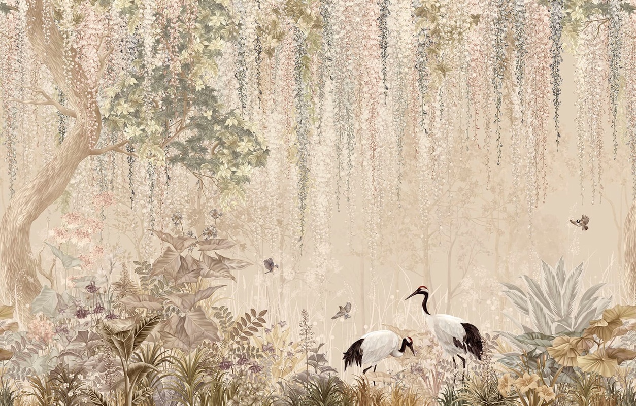 Фотообои и фрески на стену - в детскую комнату, бежевые, в загородный дом, журавли, сад