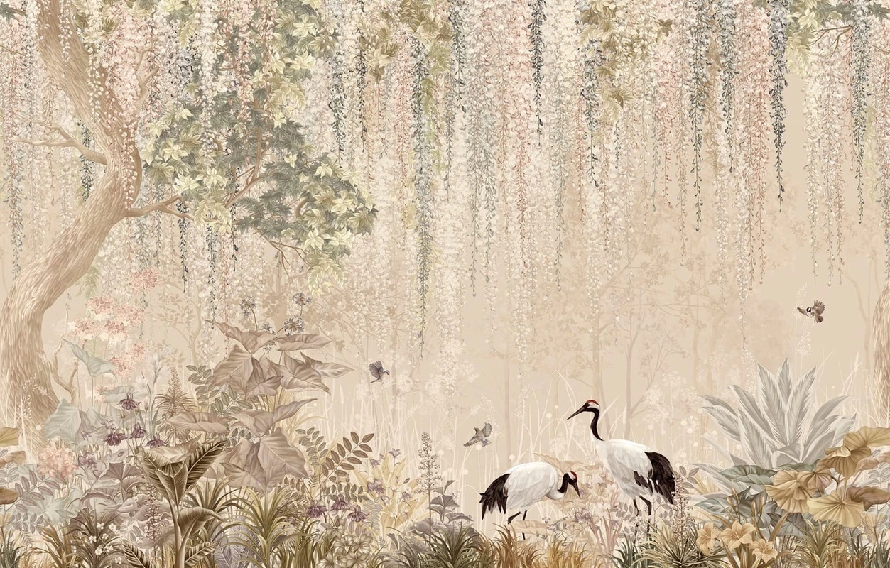 Фотообои и фрески на стену - в детскую комнату, бежевые, в загородный дом, журавли, сад