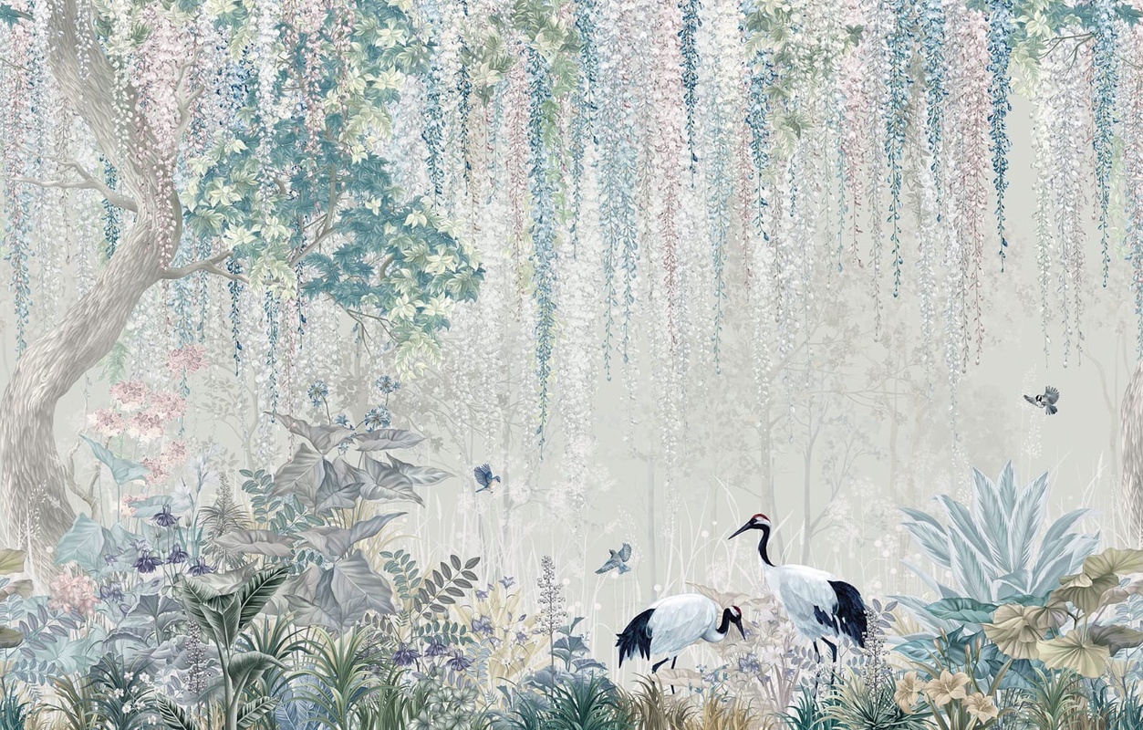 Фотообои и фрески на стену - в детскую комнату, в загородный дом, голубая, журавли, сад