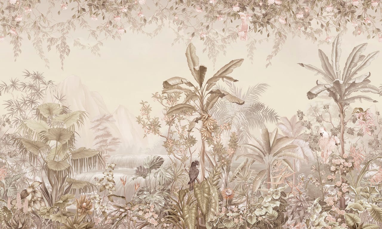 Фотообои на стену - в спальню, в загородный дом, бежевые, тропики, пальмы, цветы