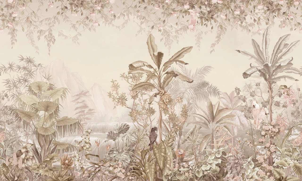 Фотообои и фрески на стену - в спальню, в загородный дом, бежевые, тропики, пальмы, цветы