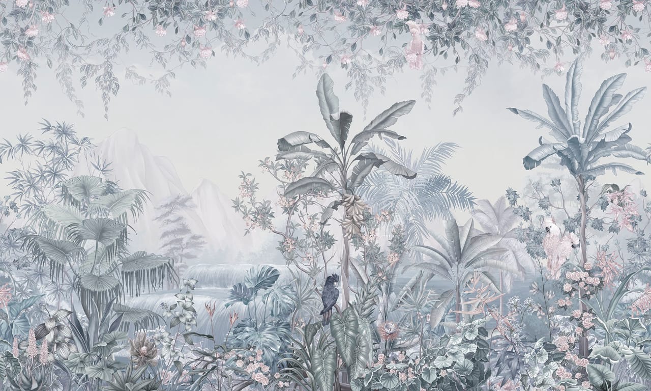 Фотообои и фрески на стену - в спальню, в загородный дом, тропики, голубая, пальмы, цветы, листья