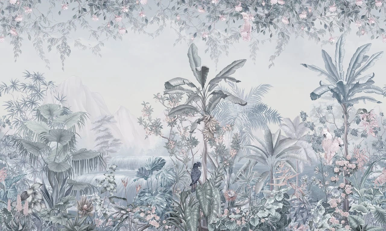 Фотообои и фрески на стену - в спальню, в загородный дом, тропики, голубая, пальмы, цветы, листья