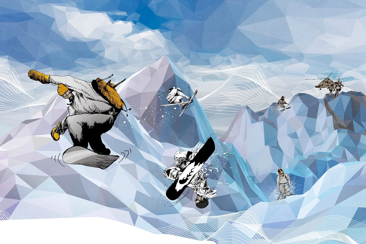 Фотообои и фрески на стену - молодежные, сноубордисты, бело-голубая