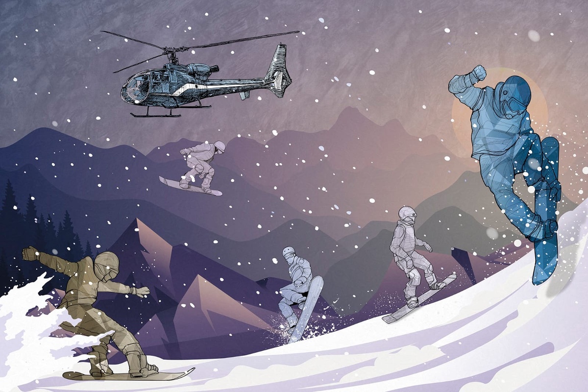 Фотообои на стену - молодежные, сноубордисты, на темном фоне