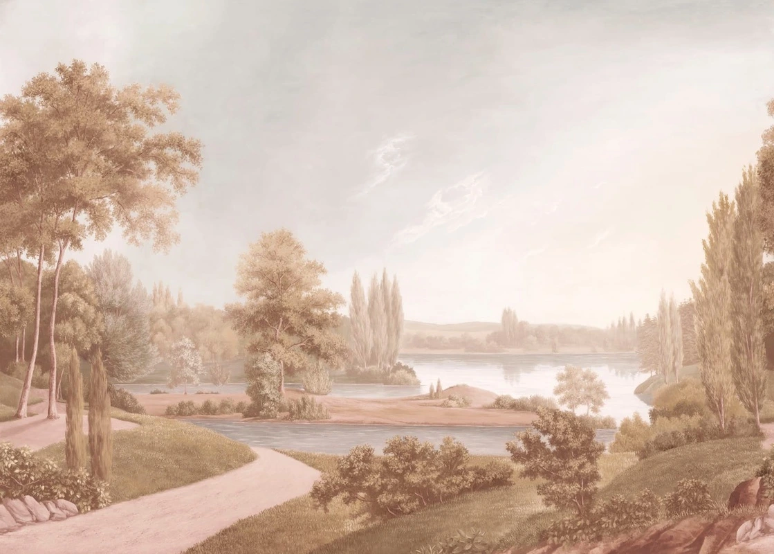 Фотообои на стену - пейзаж, бежевые, дорога, река, деревья