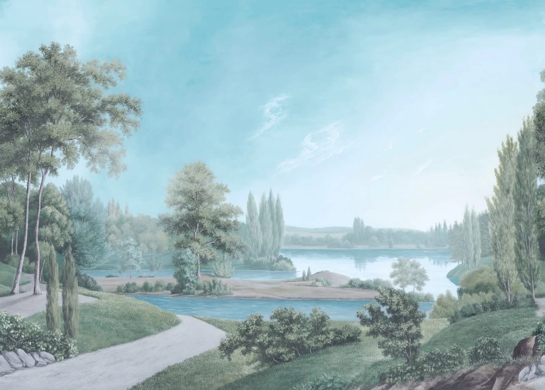 Фотообои и фрески на стену - пейзаж, дорога, река, деревья, голубая