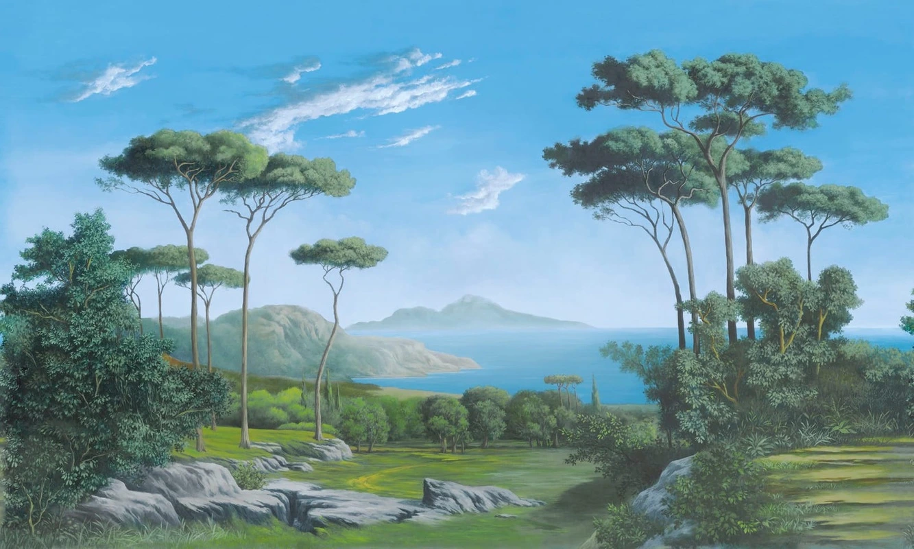 Фотообои и фрески на стену - пейзаж, итальянские сосны, зеленая, синяя, яркие