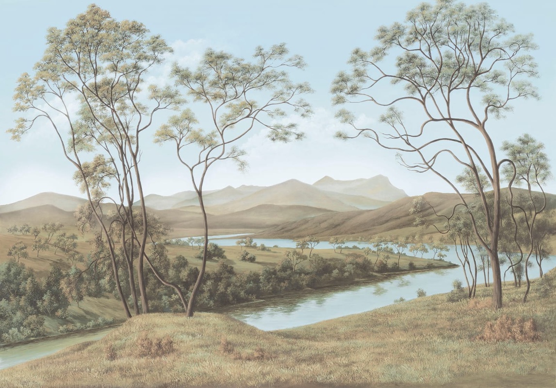 Фотообои на стену - пейзаж, река, итальянские сосны, бежевые