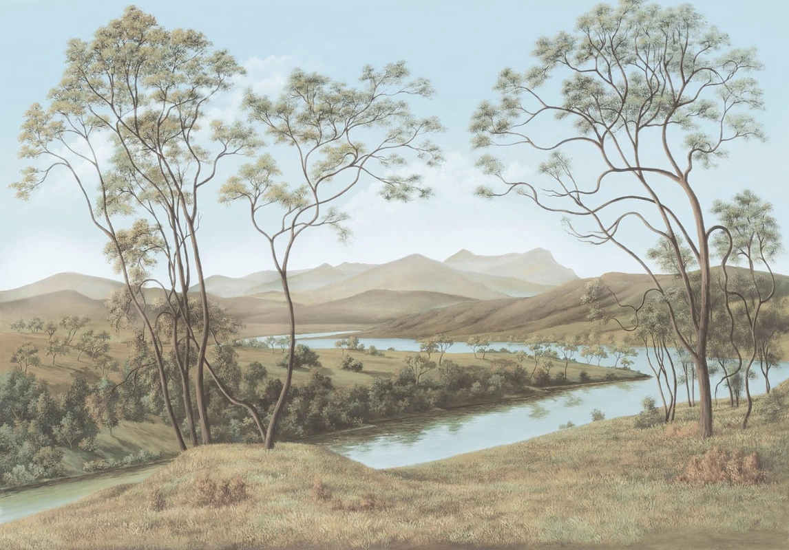 Фотообои и фрески на стену - пейзаж, река, итальянские сосны, бежевые