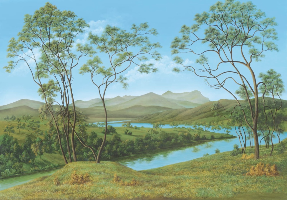 Фотообои на стену - пейзаж, итальянские сосны, река, деревья, яркие, сине-зеленая