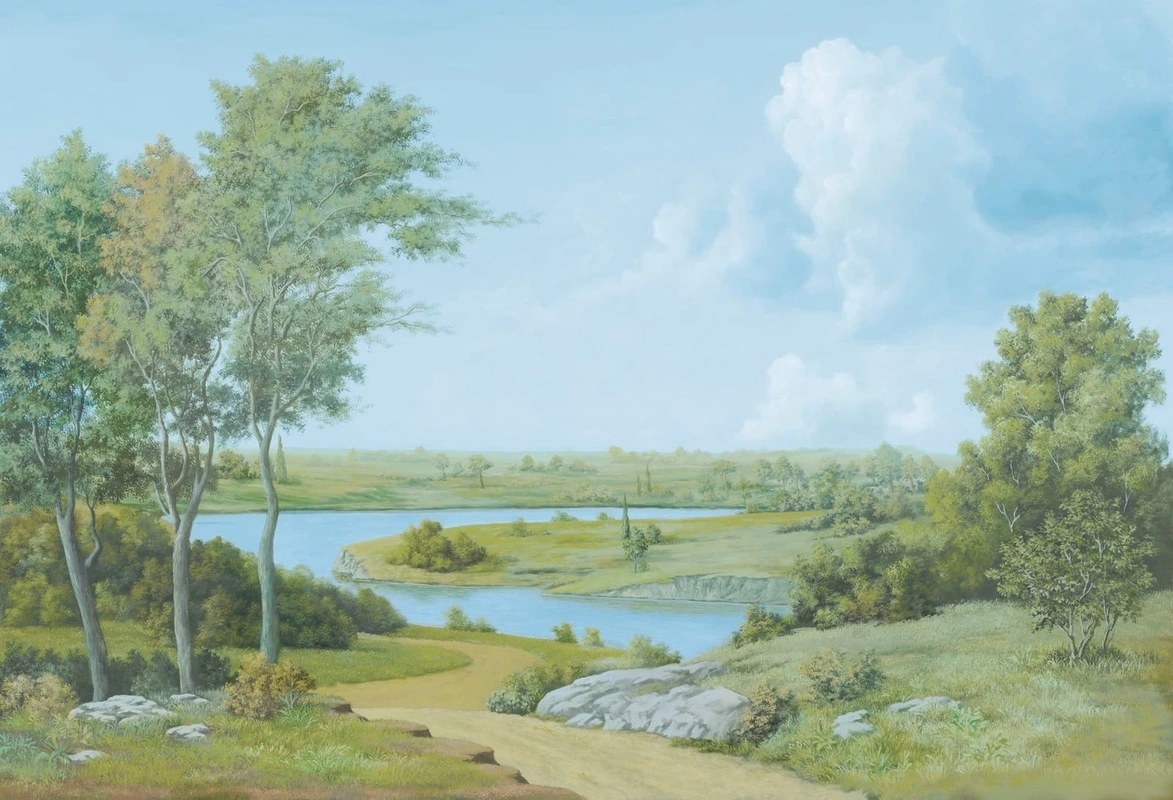 Фотообои на стену - пейзаж, русский, река, поля, зеленый, русский пейзаж, деревья