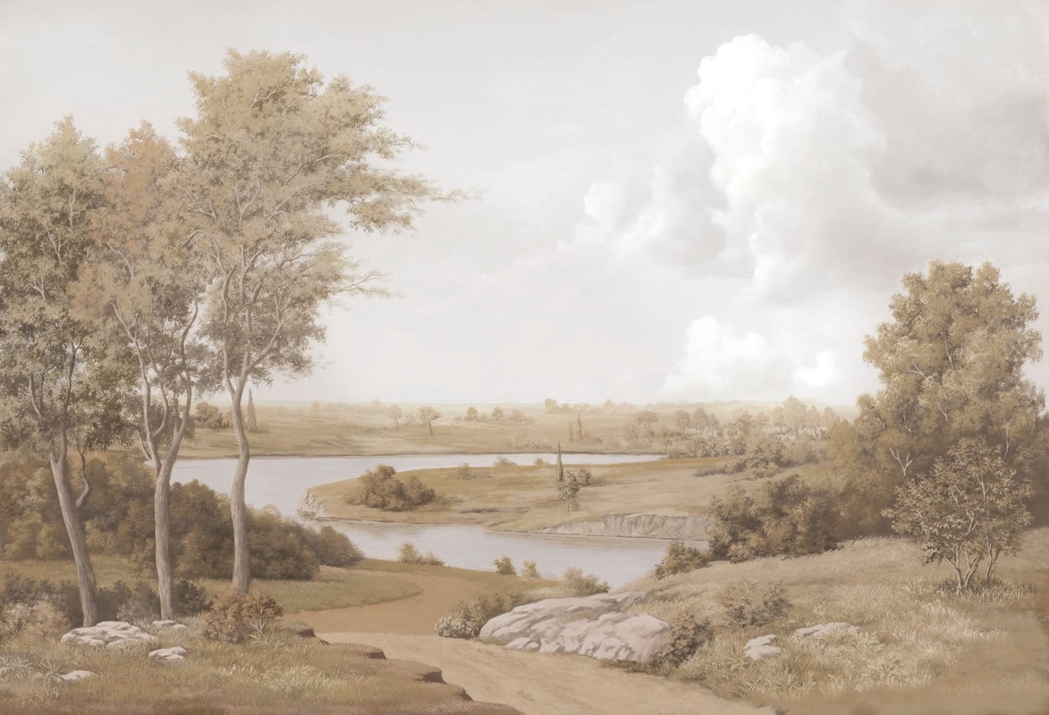 Фотообои на стену - пейзаж, русский, река, поля, сепия, русский пейзаж, деревья