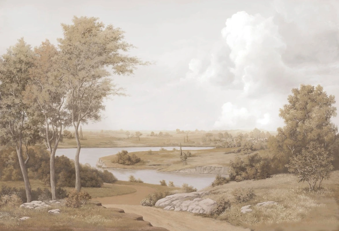 Фотообои и фрески на стену - пейзаж, русский, река, поля, сепия, русский пейзаж, деревья