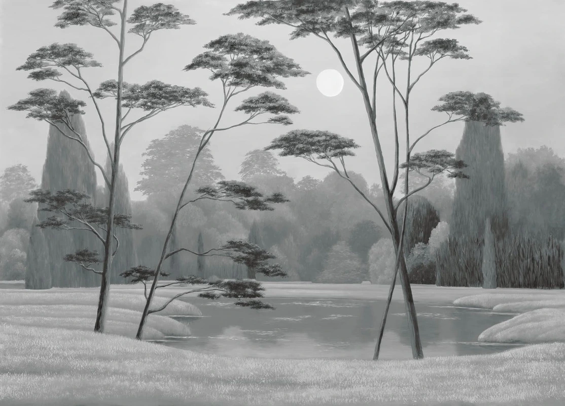 Фотообои и фрески на стену - пейзаж, черно-белые, с итальянскими соснами, деревья, серые