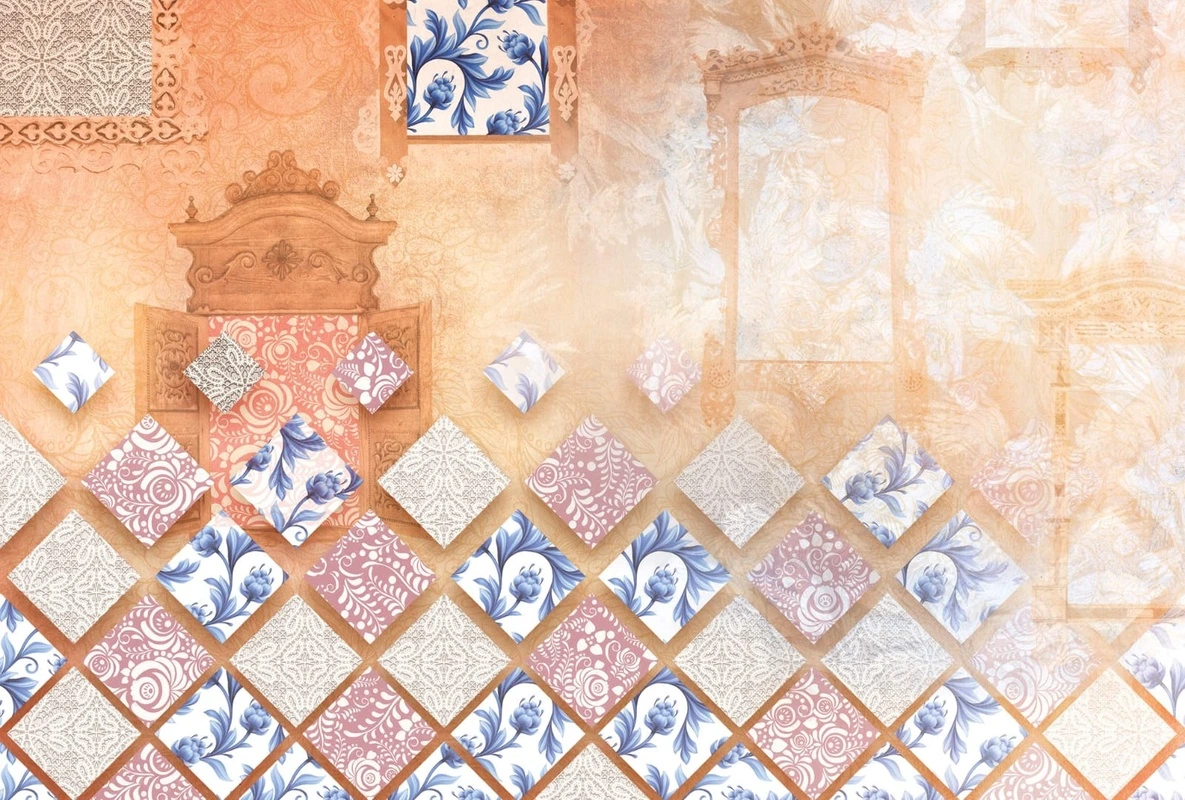 Фотообои и фрески на стену - узор, сине-бежевая, оранжевая