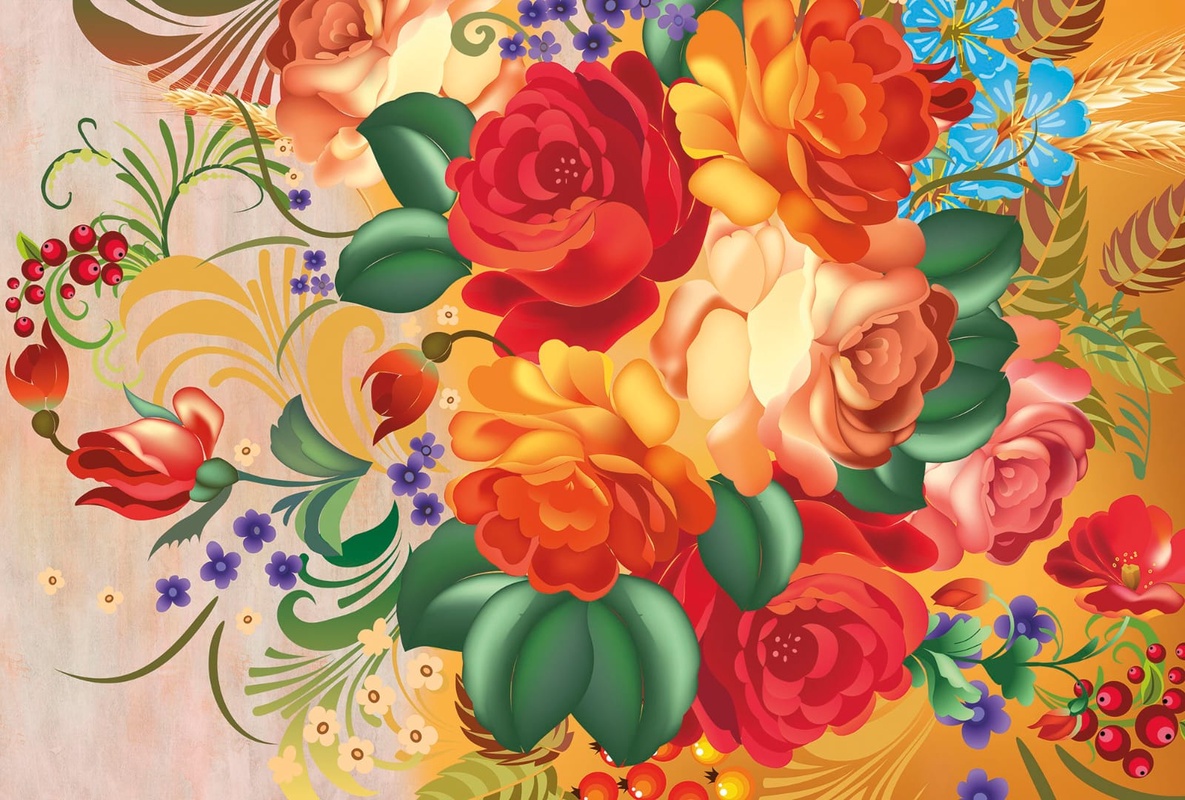 Фотообои на стену - роспись, цветы, красные, яркие