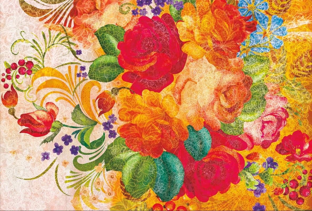 Фотообои на стену - роспись, цветы, красные, желтые