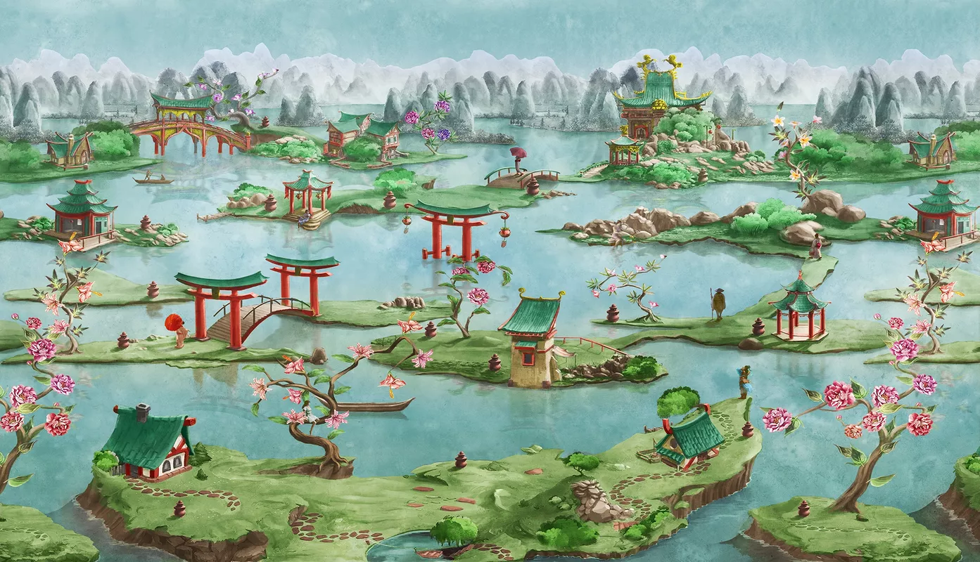 Фотообои и фрески на стену - китайский пейзаж, голубые, зеленые, китайские, китайская пагода, китайские ворота, китай, китайские мосты
