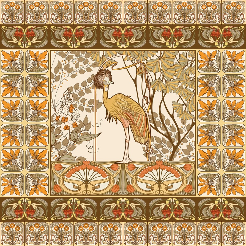 Фотообои и фрески на стену - арабески, ковер, узор, журавль, бежевые