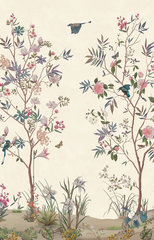 Фотообои и фрески на стену - шинуазри, сад, птицы, деревья, цветы, лучшего качества, нежные, красивые