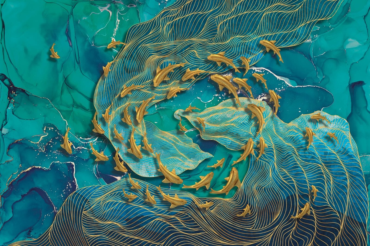 Фотообои и фрески на стену - абстракция, золотые линии, рыбы, ярко синий