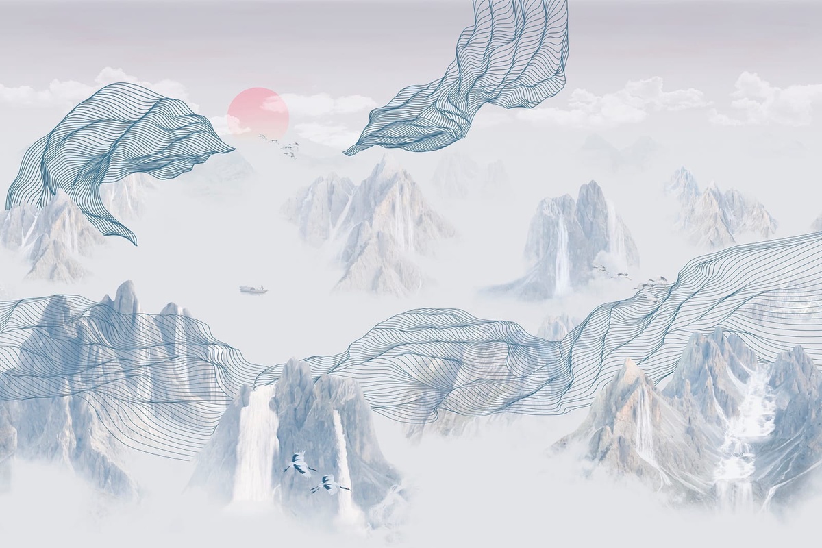 Фотообои на стену - графика, синие линии, горы, река, голубая