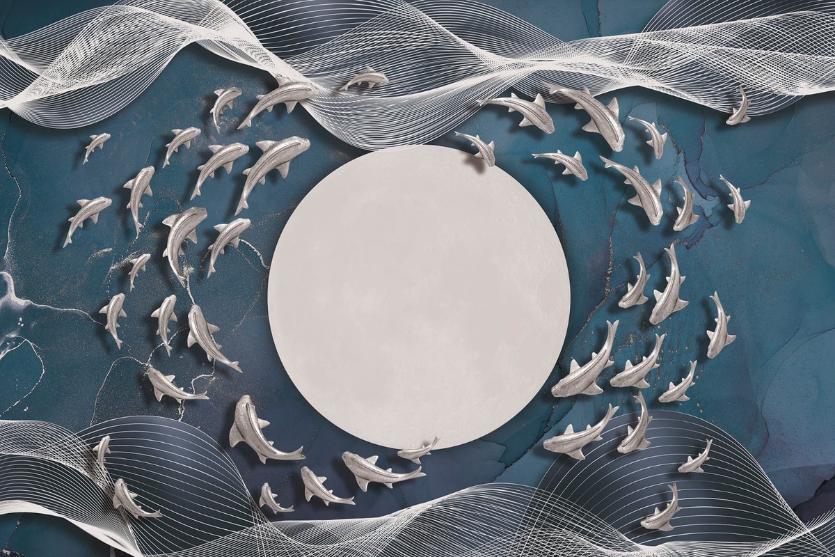 Фотообои и фрески на стену - абстракция, белые линии, луна, рыбы, темно синяя