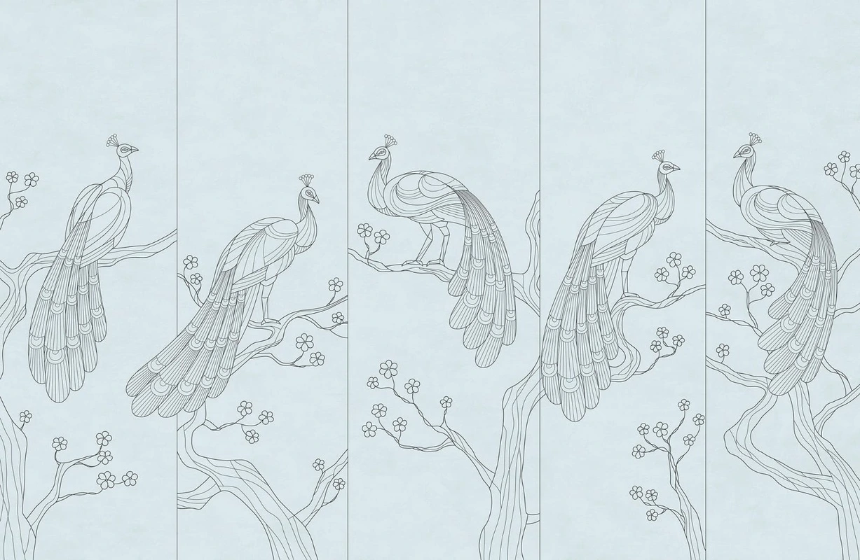 Фотообои на стену - графика, павлины, серые линии, светло голубая