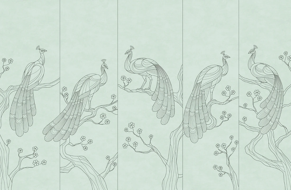 Фотообои и фрески на стену - графика, павлины, серые линии, светло зеленая, салатовая
