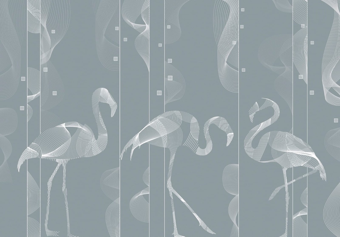 Фотообои и фрески на стену - графика, фламинго, белые линии, серая