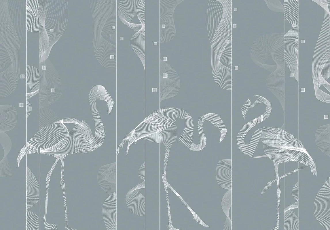 Фотообои на стену - графика, фламинго, белые линии, серая