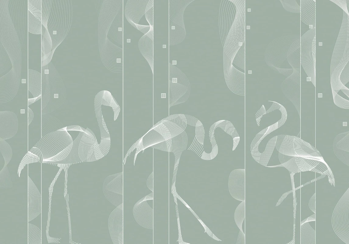 Фотообои и фрески на стену - графика, фламинго, серо-зеленая, белые линии