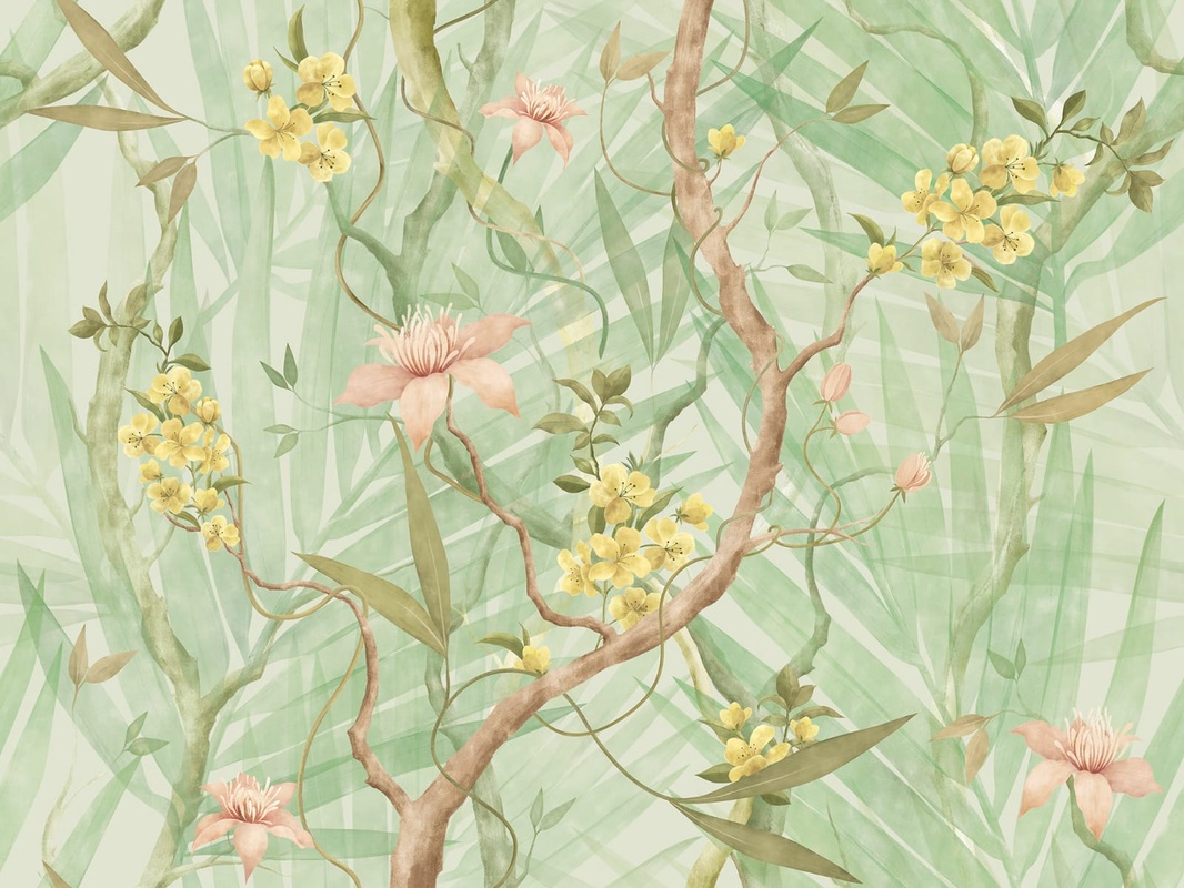 Фотообои на стену - шинуазри, сад, зеленая, стволы, лианы, цветы