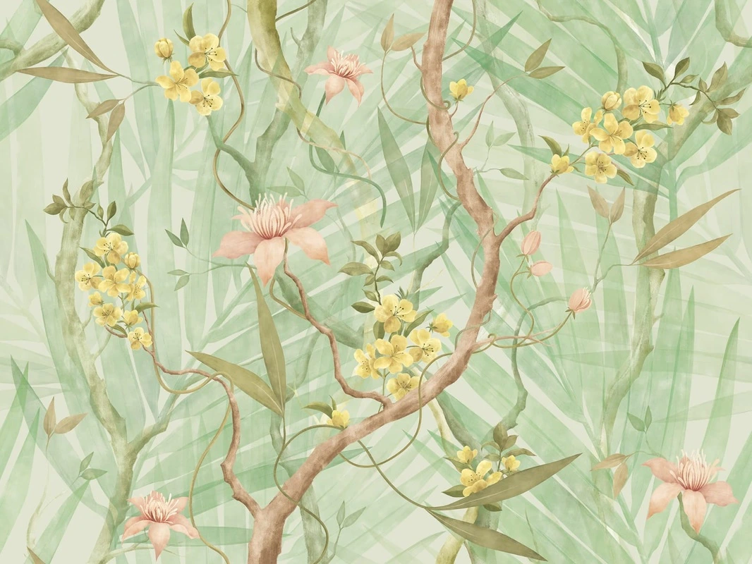 Фотообои и фрески на стену - шинуазри, сад, зеленая, стволы, лианы, цветы