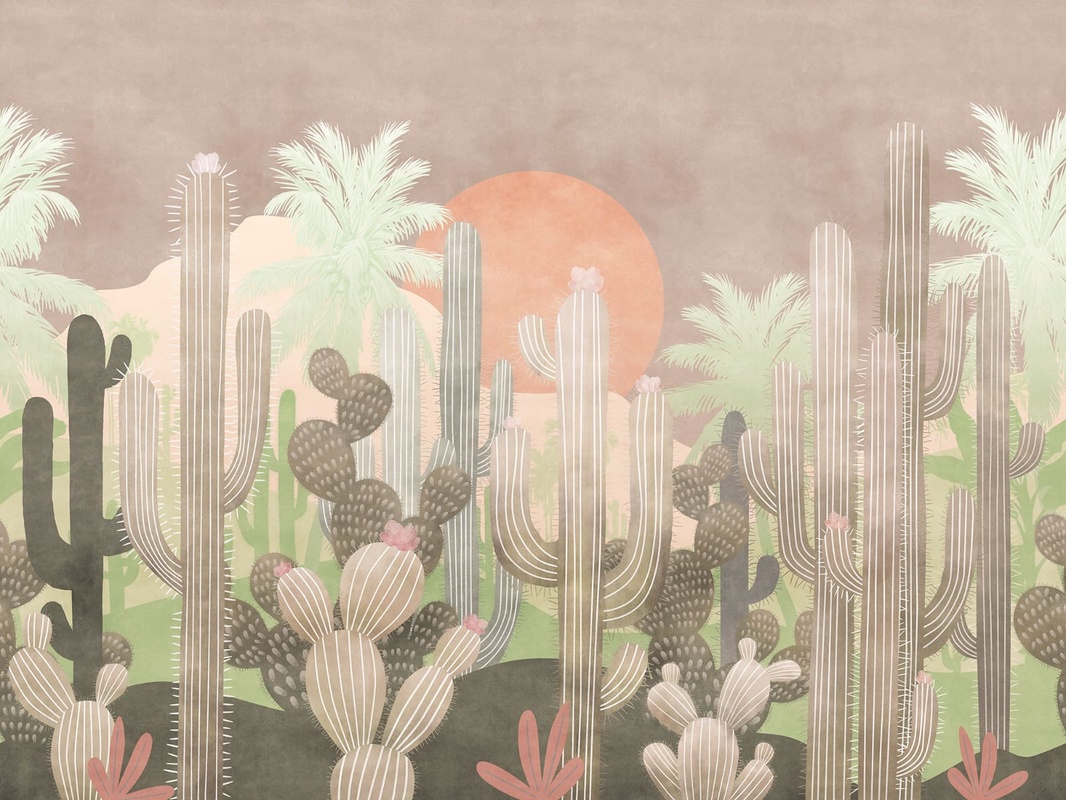 Фотообои на стену - поп-арт, кактусы, бежево-зеленая