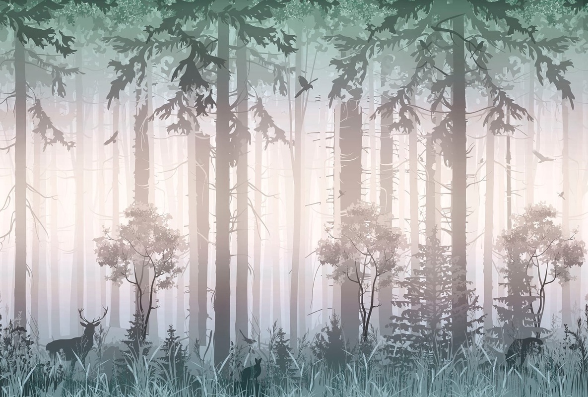 Фотообои и фрески на стену - в детскую комнату, лес, зеленая, олени, деревья