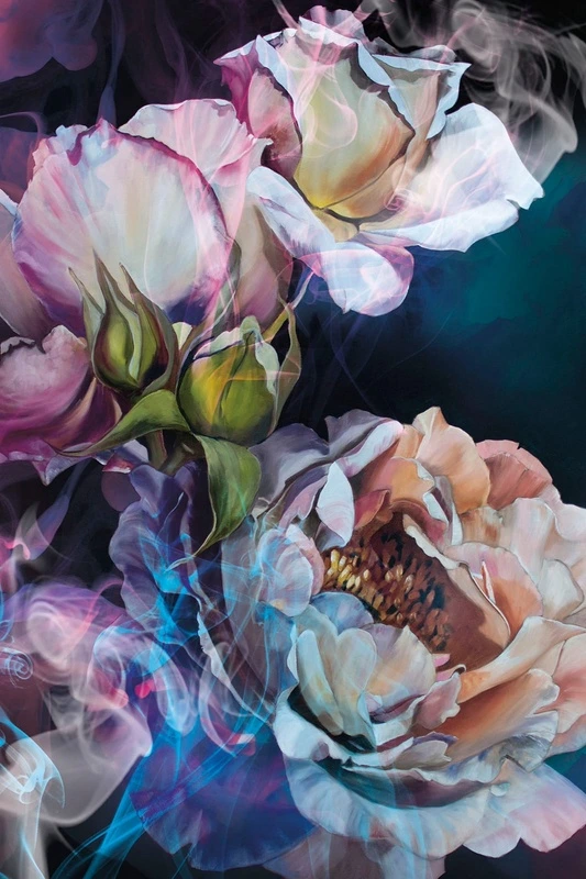 Фотообои на стену - в загородный дом, цветы, крупные, на синем фоне