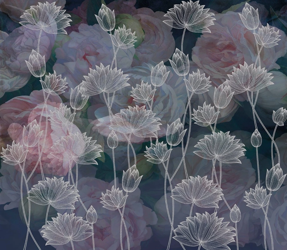 Фотообои и фрески на стену - цветы, графика, на темном фоне