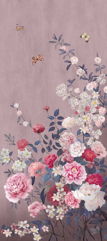 Фотообои и фрески на стену - цветы, розовые, красные, на сиреневом фоне