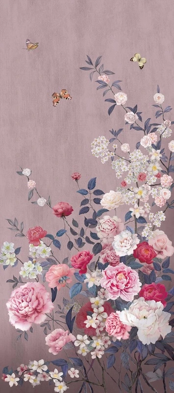 Фотообои на стену - цветы, розовые, красные, на сиреневом фоне