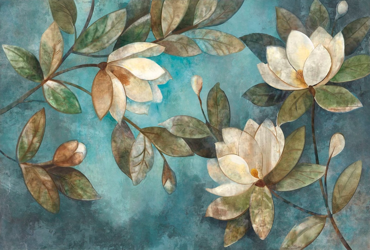 Фотообои на стену - цветы, магнолии, белые, голубая