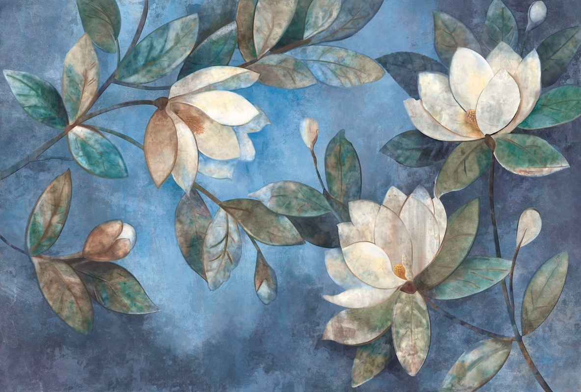 Фотообои на стену - цветы, магнолии, белые, синий