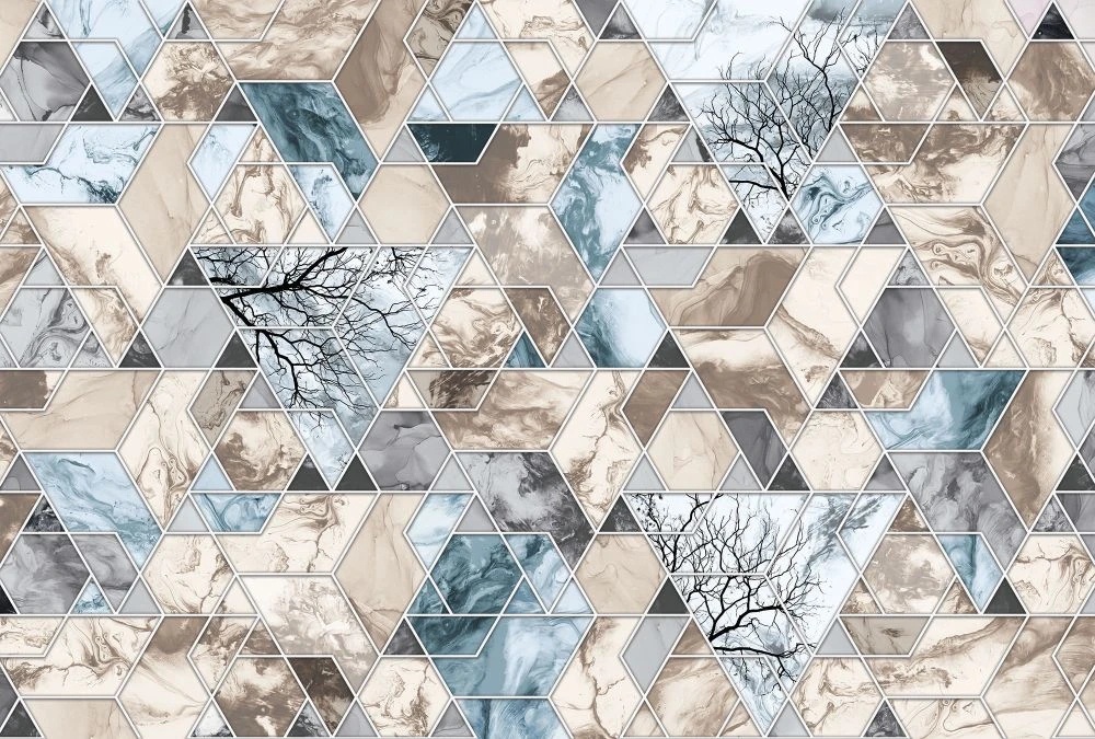 Фотообои на стену - абстракция, геометрия, бежевые, голубая, ветки