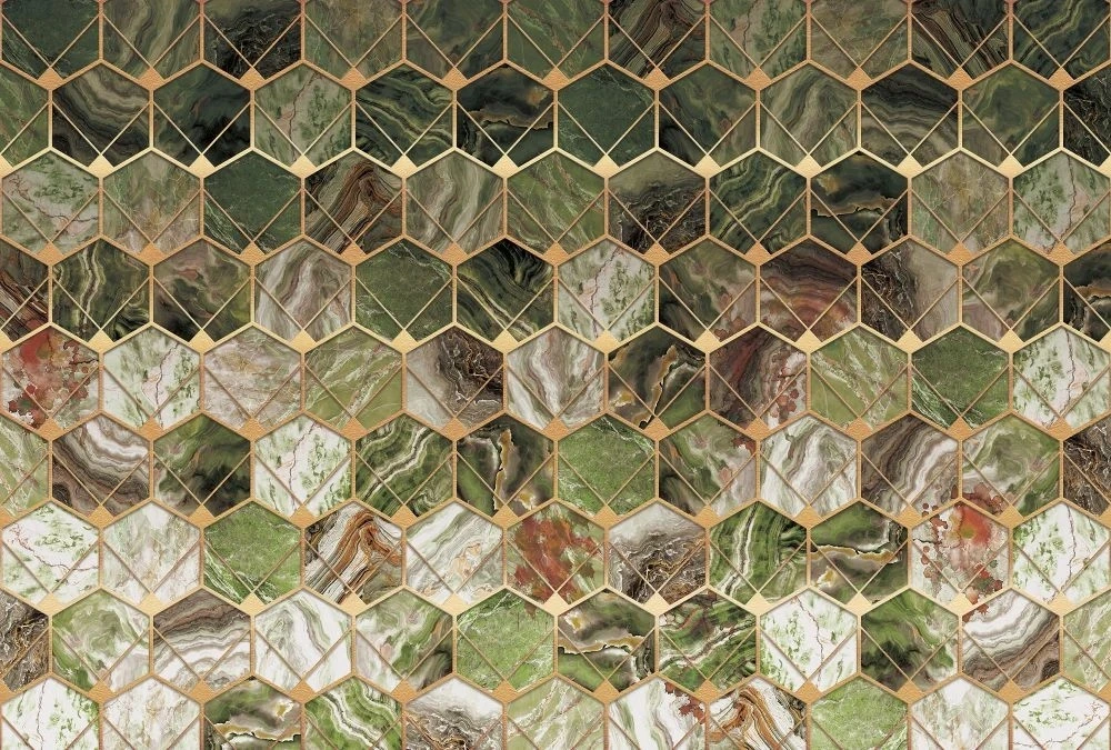 Фотообои на стену - геометрия, соты, под мрамор, малахитовые, зелено-коричневые