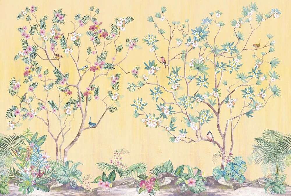 Фотообои на стену - шинуазри, сад, на желтом фоне