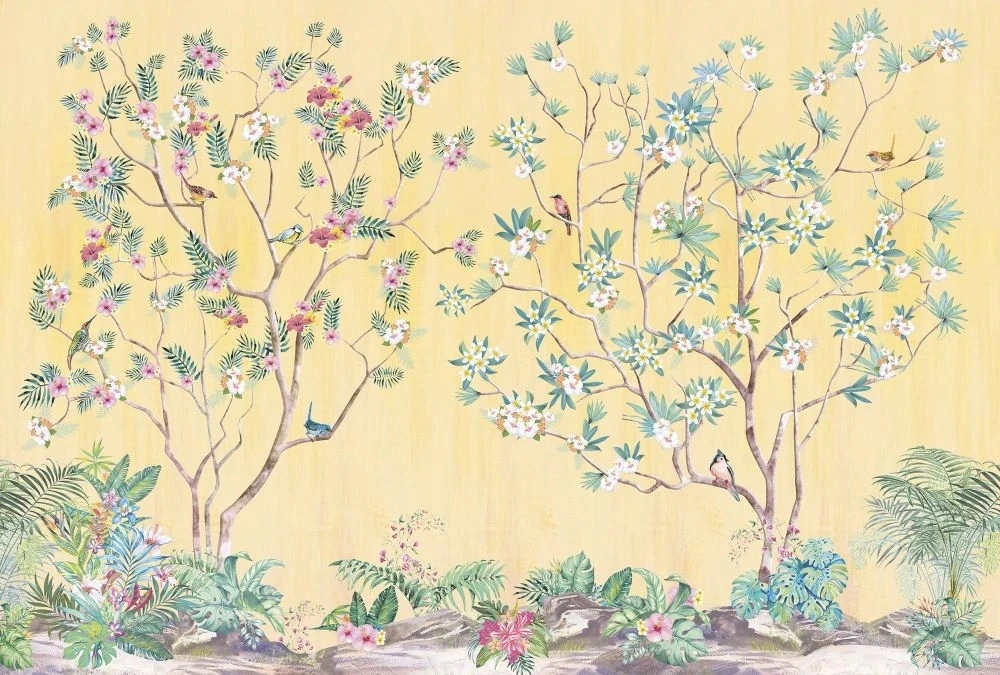 Фотообои на стену - шинуазри, сад, на желтом фоне