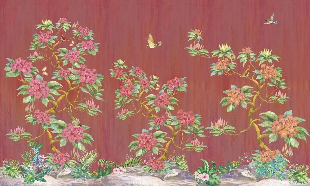 Фотообои на стену - шинуазри, сад, красные цветы, на коричневом фоне