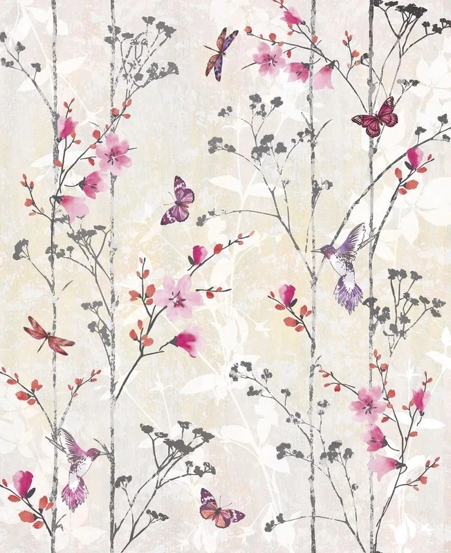 Фотообои и фрески на стену - шинуазри, сад, красные цветы, бабочки, на кремовом фоне, на бежевом фоне